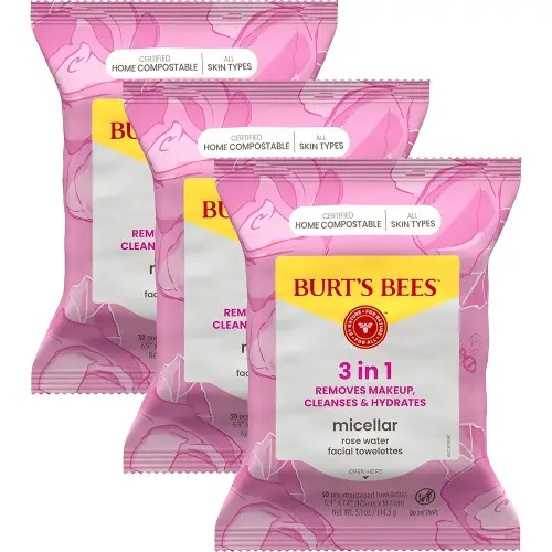 Burt's Bees Stocking Stuffers, Rose Water Face Wipes, for All Skin Types, Hydrating Micellar Makeup Remover & Facial Cleansing Towelettes, Skin Care Christmas Gifts, 30 Ct (3-Pack)