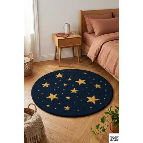 Starry Night Round Rug • Hand Tufted Midnight Blue Carpet with Golden Stars • Celestial Modern Accent Rug for Living Room or Bedroom