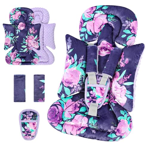 TANOFAR Car Seat Head Support Baby - Infant Car Seat Insert for Newborn Girls Boys - Soft Carseat Head Support for Infant - Newborn Carseat Insert for Car Seats, Strollers, Swings (Purple Floral)