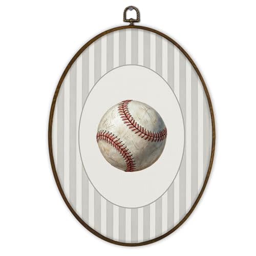 Gnmduw Preppy Kids Sport Baseball Oval Wall Art Framed, Vintage Baseball Canvas Prints Hanging Decor Gifts for Kids Boys, Rustic Sports Wall Decor for Nursery Play Room, 8.7x11.3 Inch