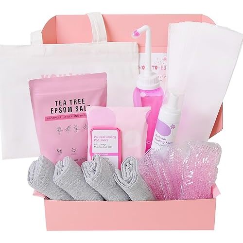 Postpartum Essentials Kit - Peri Bottle,Perineal Ice Packs,Perineal Healing Foam,Disposable Underwears,Cooling Pad Liners,Bath Salts,Canvas Bag,Card,Postpartum Gifts for Mom