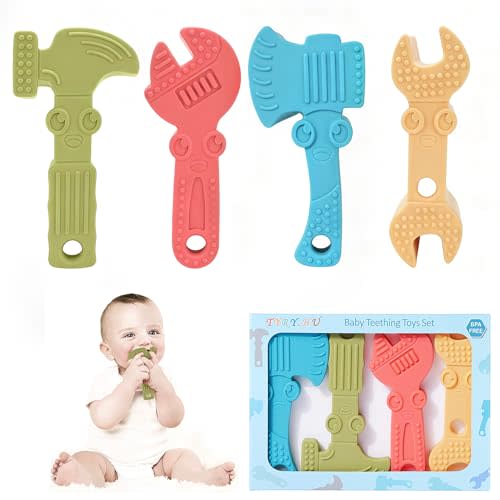 TYRY.HU Baby Teething Toys for Babies 0-6 Months 6-12 Months, BPA Free Silicone Baby Molar Teether Chew Toys, Hammer Wrench Spanner Pliers for Boys Girls, Soft-Textured, Easy to Hold & Clean, 4 Packs