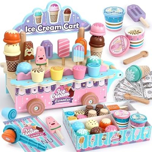 Atoylink Wooden Ice Cream Toys for Kids Pretend Play Food Toys with Scoop & Menu & Fake Money, Ice Cream Cart Play Store Toys for Toddlers Girls 3 4 5 6 Year Old Gift