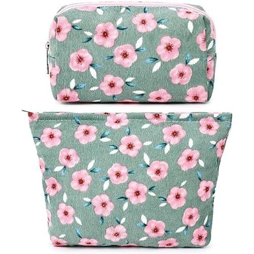 SOIDRAM 2 Pieces Sakura Makeup Bag Large Cosmetic Bag Capacity Canvas Mix Travel Toiletry Bag Organizer Cute Makeup Brushes Aesthetic Accessories Storage Bag for Women, Sakura Mix Green