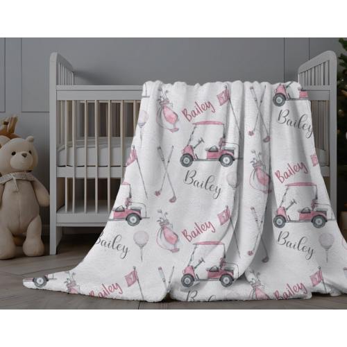 Baby Girl Golf Blanket, Personalized Golf Blanket Girl, Baby Girl Golf Nursery, Custom Infant Golf Swaddle, Girl Name Blanket Golf Pink