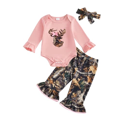DSOKUHIB Newborn Baby Girl Hunting Clothes Deer Long Sleeve Romper Jungle Camo Flare Pants Set 3 Piece Fall Winter Outfit