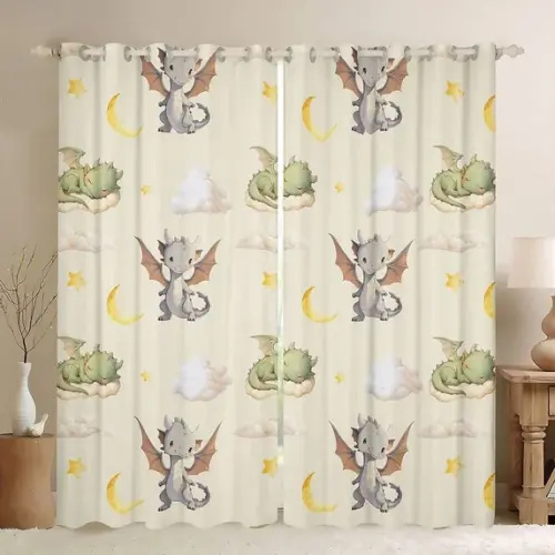 Homewish Magical Dragon Kitchen Curtains,Moon Stars Black Out Curtains Pack of 2 (42x63 Each),White Clouds