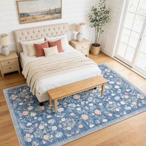 Foldable Washable Printed Area Rug,Modern Pearl Velvet Floor Runner with Double Border Design,Blue,5x7ft
