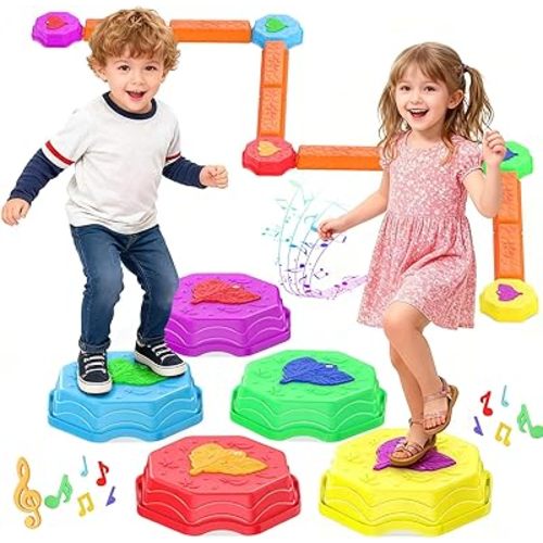 Stepping Stones for Kids, Light Up Musical Balance Beam and Non-Slip Toddler Balance Stones, Toddler Indoor or Outdoor Play Obstacle Course, Sensory Toys Play for Family Active Kids Ages 3+