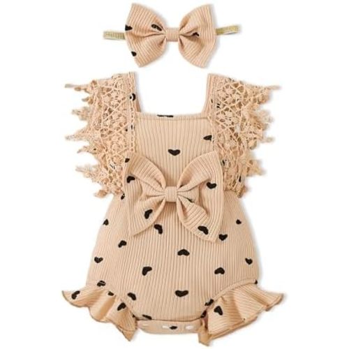 PaPaai Sara Baby Girl Clothes Newborn Girl Outfit Ruffle Sleeve Romper Bodysuit Headband 0-18 Month 2PCS Summer