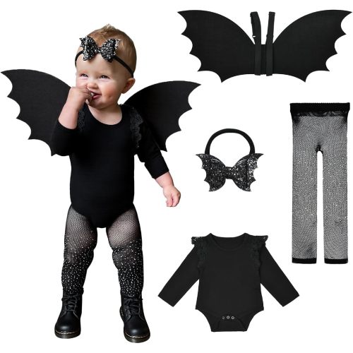 Halloween Toddler Bat Costume for Baby Girl Boy with Black Bat Wing Ruffle Long Sleeve Romper Bodysuit Goth Bow Headband