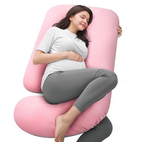 Babyomi J Shaped Maternity Pillow - Full Body Support for Pregnancy, Back & Hip Pain Relief, 3-in-1 Nursing Pillow, Machine Washable Cover, Grey Pink