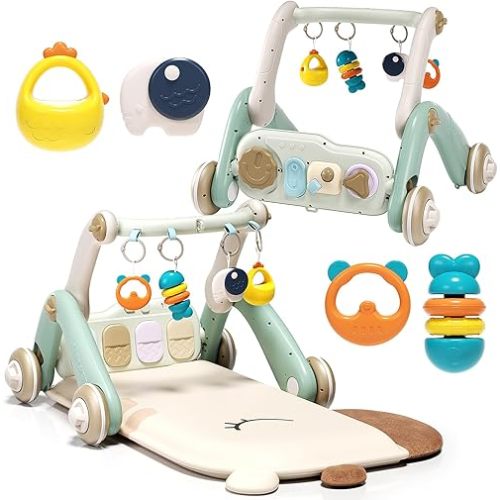 Jovow 2 in 1 Baby Gym with Walker,Baby Play Mat with 4 Infant Learning Sensory