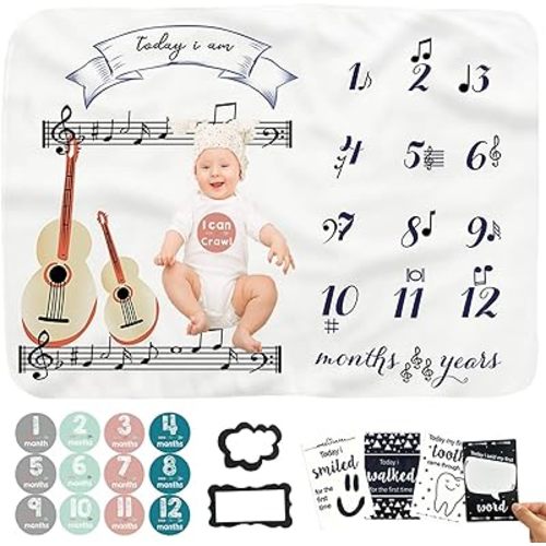 Monthly Milestone Blanket for Baby Boy & Girl, Soft Fleece Guitars Blanket of Music Decor-1 to 12 Months Commemorative Card & Stickers | Photography Backdrop Photo Prop for Newborn