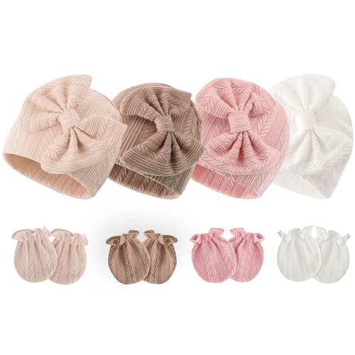 Newborn Baby Hats and Mittens Set Infant Bow Beanie Cap Toddler Gloves Newborn Hospital Hats for Baby Boy Girl 0-6 Months