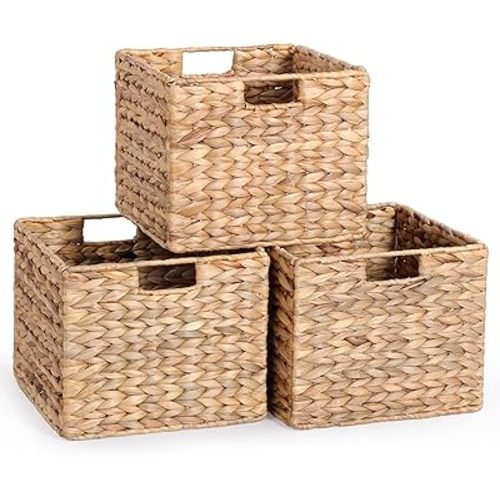 12x12x10 Water Hyacinth Storage Basket Large, Folding Cube Woven Wicker Storage Basket for Shelves, Pantry Baskets Organization and Storage, Kitchen Storage Baskets, Large Rattan Basket Set of 3