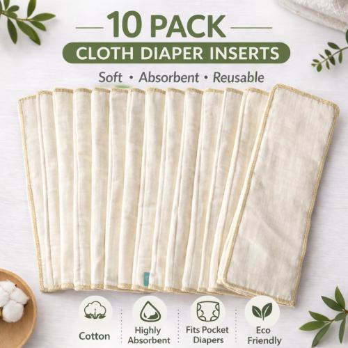 10 Pack Cotton Trifold Diaper Inserts | Soft, Absorbent, Reusable Pocket Diaper Essentials