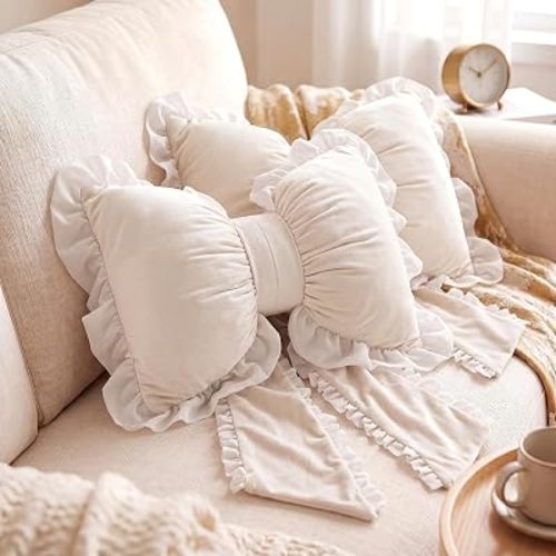 2 Pcs Beige Bow Pillows with Lace Trim 17.72 x 15.75'' Bow Shaped
