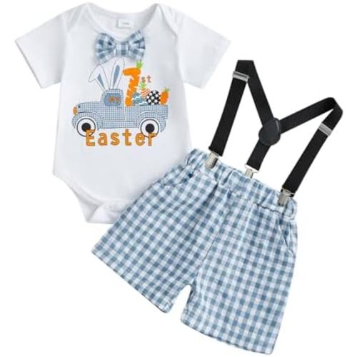 Newborn Baby Boy Easter Outfit Car Letter Print Bow Tie Romper with Suspender Plaid Shorts Set 0-18 Months