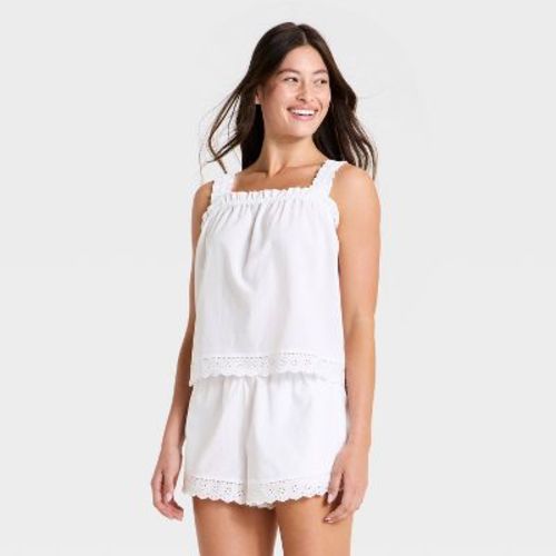 Women's Cotton Blend Eyelet Tank Top and Shorts Pajama Set - Auden™ White L