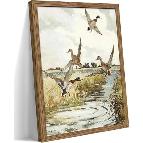 Wood Framed Vintage Duck Wall Art, Country Mallard Duck Wildlife Wall Decor Paintings, Retro Rustic Marsh Landscape Posters Prints Pictures for Living Room, Bedroom, Office 12x16 Inch
