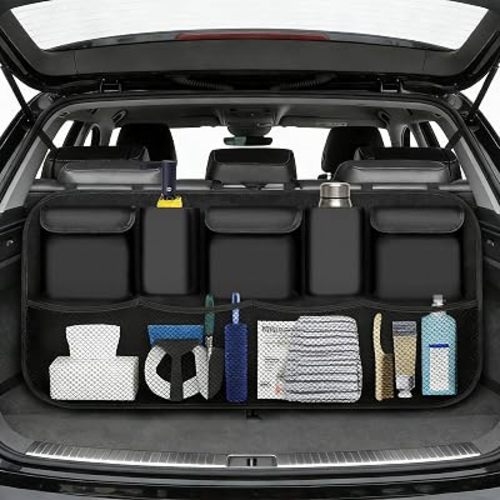 Large Capacity Backseat Trunk Organizer, Car Trunk Organizer, (42.5 x 20.1 IN,), Collapsible Car Storage Bag with 9 Pockets, SUV/MPV/Truck - Black
