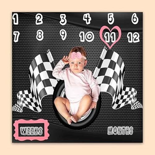 Racing Baby Monthly Milestone Blanket, Boy Racer Car Tires Black White Checkered Flag, Newborns 1 to 12 Months Unisex Include 4 Frames and 1 Headband 47"x47" BTQQPH83