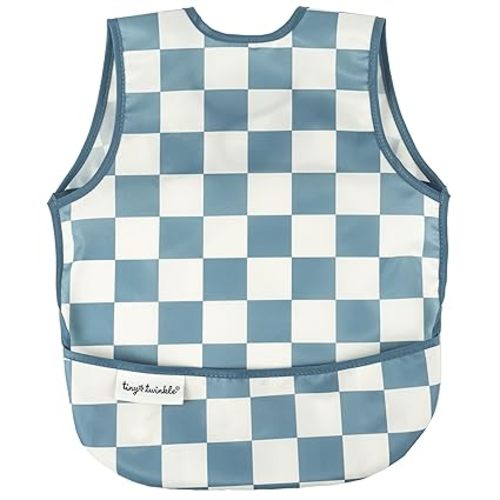 Tiny Twinkle Mess Proof Baby Bib for Boys | Waterproof Toddler Bib for Eating | Baby Apron for Feeding, Machine Washable | Perfect Shower Gift (Blue Checkers, 6–24M)