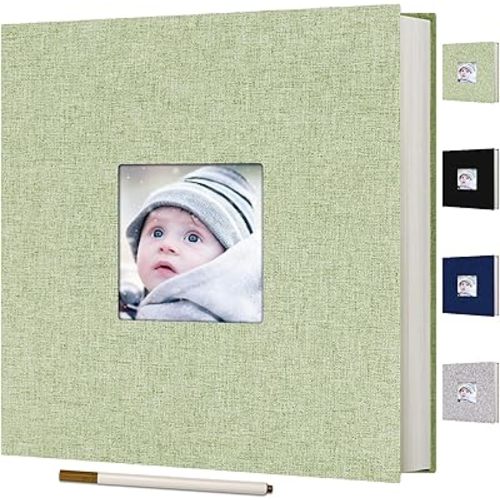 Self Adhesive Scrapbook for Photo Albums 4x6 Pictures, Linen Cover Arch Display Window Scrapbook 60 Blank Pages, DIY Scrapbook Photo with A Metallic Pen, Memory Book for Baby Wedding Anniversary Green
