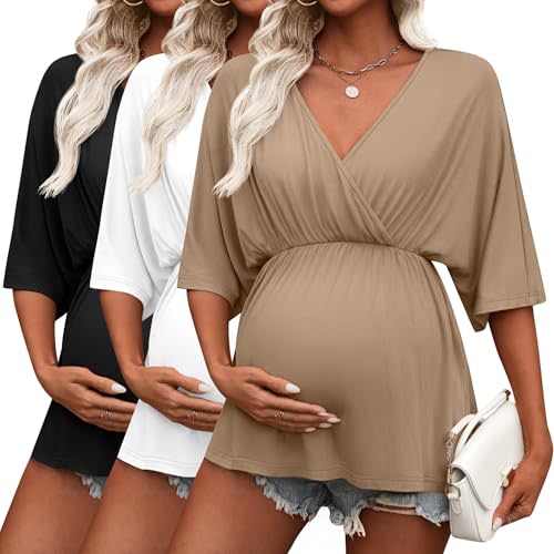 Ficerd 3 Pack Womens Maternity Shirts, V Neck Nursing Pajamas Pregnancy Nightgown Tops 3/4 Sleeve Sleepwear for Breastfeeding