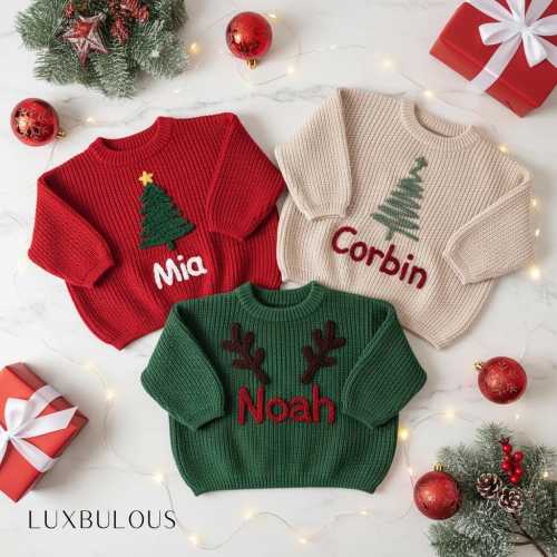 Hand-Embroidered Baby Christmas Sweater, Toddler Holiday Sweater, Reindeer Kids Name Jumper, Baby Knit Sweater, First Christmas Gifs