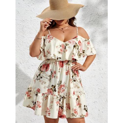 SHEIN VCAY Plus Floral Print Cold Shoulder Ruffle Hem Summer Boho Dress,Beach Dress Sundress,Holiday Outfits | SHEIN