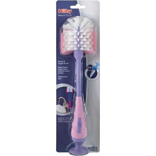 Nuby 2-in-1 Bottle and Nipple Cleaning Brush with Suction Base, Pink/Purple