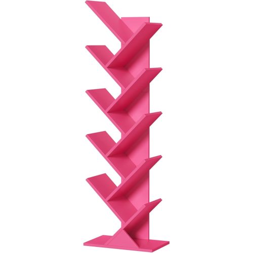 10 Tier Tree Book Shelf, Floor Standing Wood Bookshelf for Narrow Space, Storage Organizer Bookshelves for Books/CDs/Magazine, Bookcase with Shelves for Home Office, Living Room - Pink