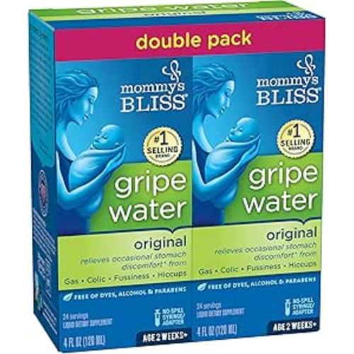 Mommy's Bliss Gripe Water for Babies - Double Pack, Relieves Stomach Discomfort from Gas, Colic, Fussiness & Hiccups, Age 2 Weeks+, Pack of 2 (Total 8 Fl Oz)