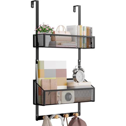 BAKON Over-the-Door-Hooks with 2 Baskets,Over the Door-Organizer with 4 Hooks to Hang Towel, Hats, Coats, Clothes and Keys, Behind the Door-Storage for Bathroom, Bedroom, Kitchen and Office, Black