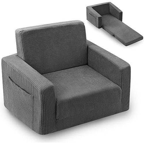 2-in-1 Kids Chair and Couch, Cozy Corduroy Kids Sofa, Grey