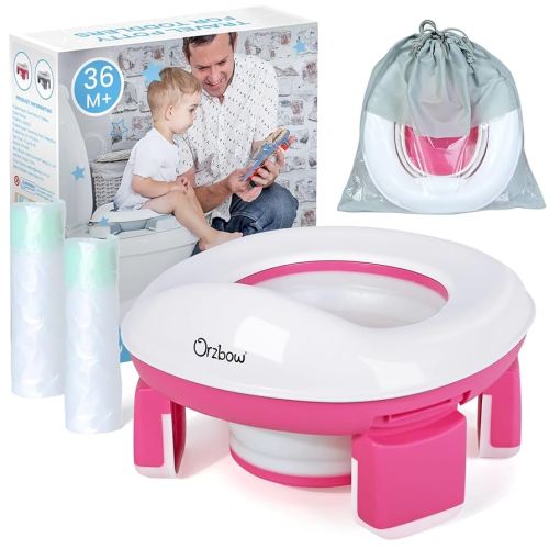 Orzbow Portable Potty for Toddler Kids Travel Potty Training Toilet Seat with Storage Bag- Foldable Potty Chair with 40pcs Travel Bags, Detachable Carry Baby Potty with Splash Guard for Toddlers, Pink