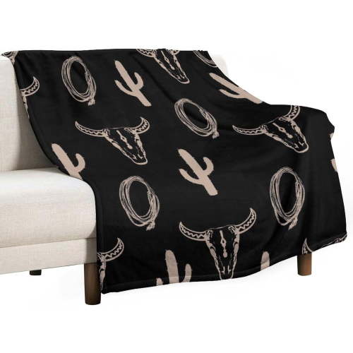 Bull Skull Blanket Vintage Western Cactus Longhorn Cow Skull Bohemian Black Soft Cozy Lightweight Throw Blanket for Children Boys Men Bedroom Living Room Dorm Chair Sofa Travel40x50in
