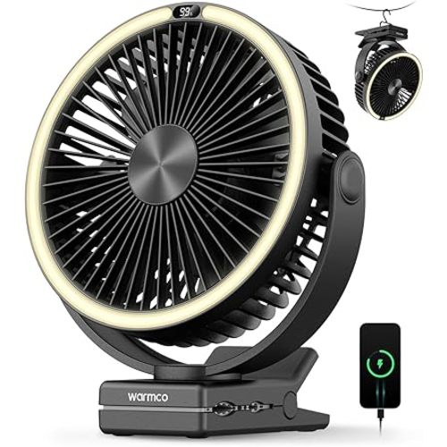 Warmco 15000mAh Clip on Fan with LED Light for Camping and Golf Car