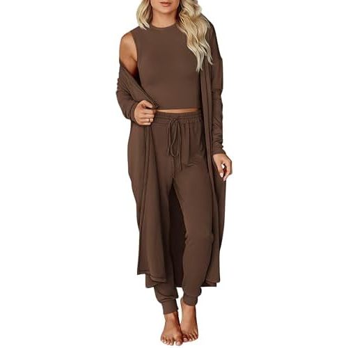 KIRUNDO 3 Piece Lounge Sets for Women Airport Travel Vacation Outfits Spring Cardigan Matching Sleeveless Top Jogger Pants