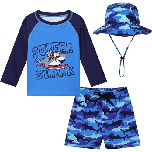 Toddler Baby Boys 3-Piece Swimsuit UPF 50+ Rashguard Trunk Sun Hat Set Long Sleeve Bathing Suit for Summer Beach