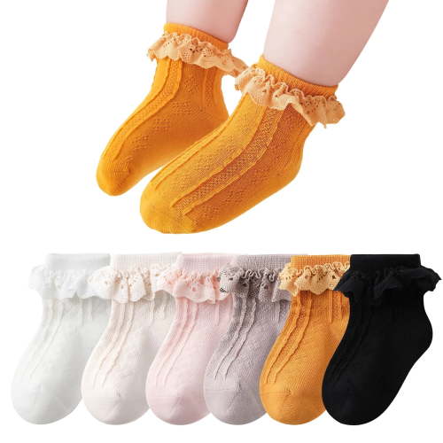 Allhall 6 Pairs Toddler Ruffle Socks for Girls, Baby Frilly Lace Socks Cute Princess Frilly Socks Lace Cotton Socks Infant Dress Socks for Newborn Infants Little Kids, 0-1 Years