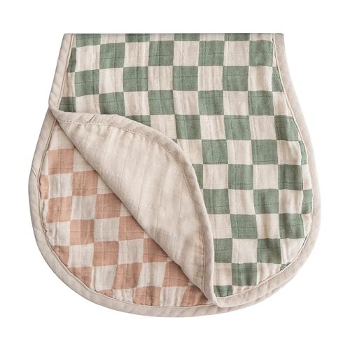 mushie Muslin Baby Burp Cloths | 100% Organic Cotton, Set of 2 (Olive Check/Natural Check)