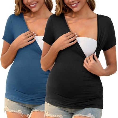 INSPIRE CHIC 2 Pcs Women's Nursing T-Shirt Soft Stretchy Side Ruched Cross V Neck Maternity Top Breastfeeding Large Black&Blue