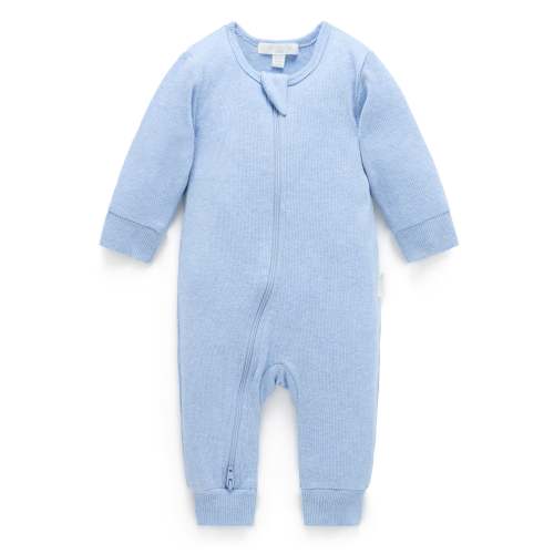 Blue Ribbed Zip Growsuit - Baby Growsuits - Purebaby - Purebaby