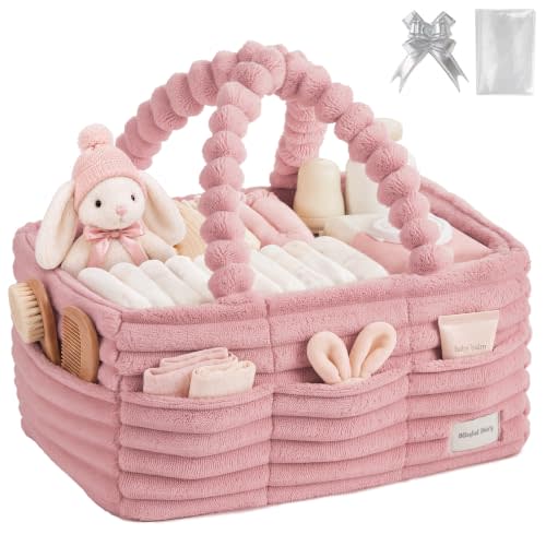 Blissful Diary Flannel Diaper Caddy Organizer with Gift Packaging, Portable Nursery Storage Basket, Gift for Baby Shower, Newborn Boys & Girls Essentials, Registry Search Must Haves, Blush Pink