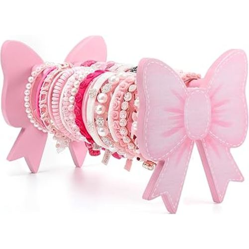Pink Bow Headband Holder Organizer Hair Hoop Headband Wooden Display Stand Coquette Bow Hairband Stand Organizer Home Room Decors for Women
