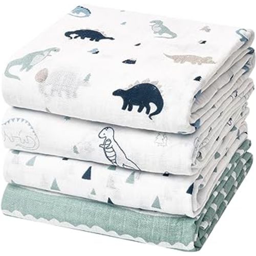 david's kids 4 Pack Baby Muslin Swaddle Blankets, 100% Cotton and Ultra Soft Breathable Receiving Blanket Wrap for Boys Girls, New Born Essentials, Large 47 x 47 inches, Dinosaur