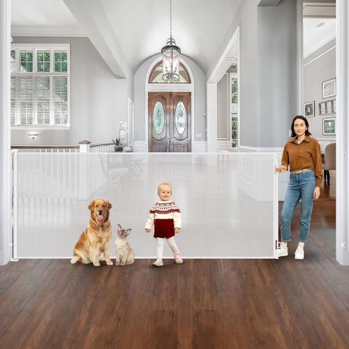 48” Tall 145” Extra Wide Baby Gate Tall Dog Gates for Doorways Retractable Baby Gates for Dogs Mesh Baby Gate Retractable Dog Gate Outdoor Extra Tall Pet Gate Extra Long Baby Gate Adjustable White
